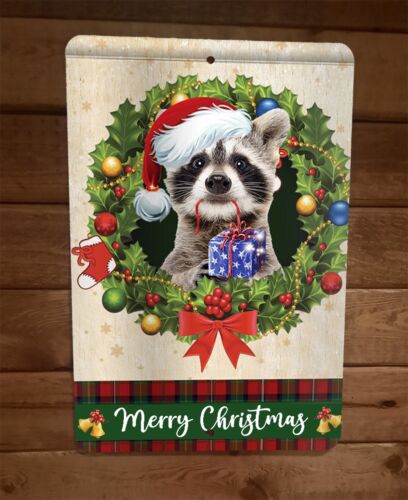 Merry Christmas Raccoon Xmas 8x12 Metal Wall Sign Animal Poster