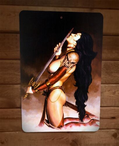 Fantasy Barbarian Viking Girl Licking Sword 8x12 Metal Wall Sign Poster