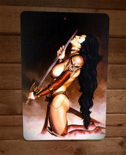 Fantasy Barbarian Viking Girl Licking Sword 8x12 Metal Wall Sign Poster