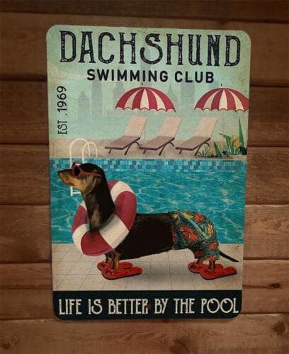 Dachshund Swimming Club Dog 8x12 Metal Wall Sign with Animal Poster Design