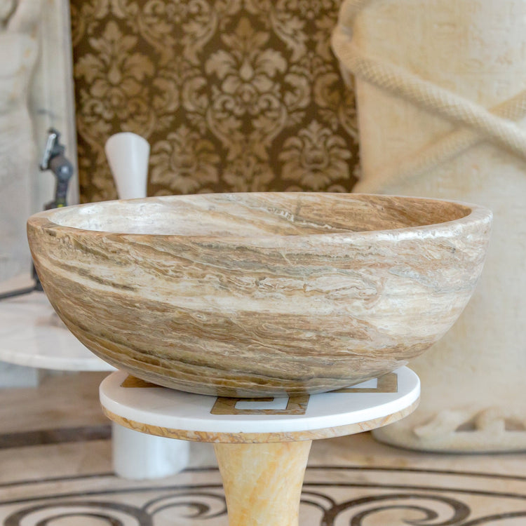 Travertine Onyx Natural Stone Round Vessel Sink - 16 Inch Diameter