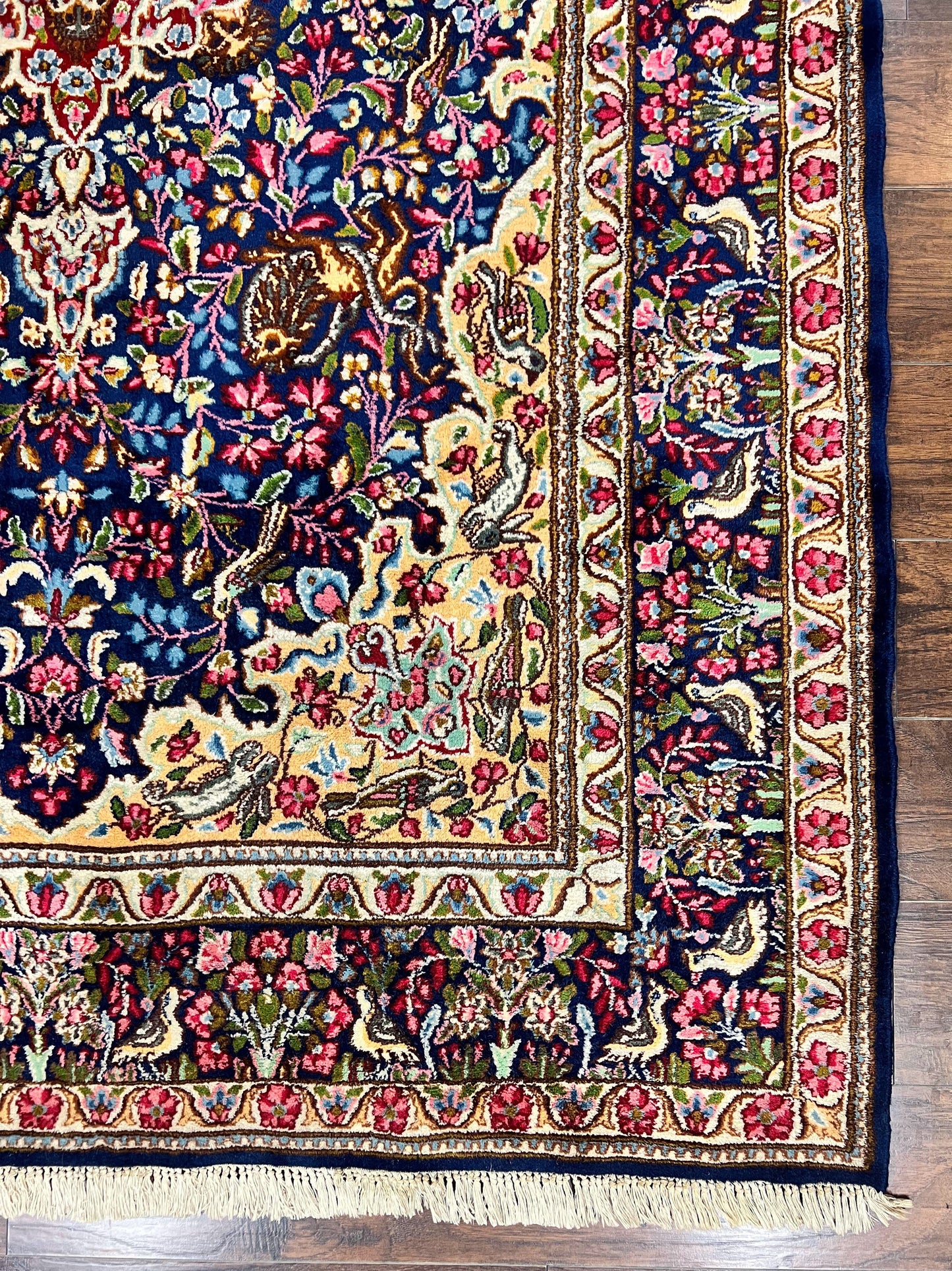 Persian Kirman Rug 6x9, Floral Medallion Vintage Wool Handmade Carpet 6 x 9, Animal Pictorials Birds, Semi Antique, Navy Blue, Millefleur