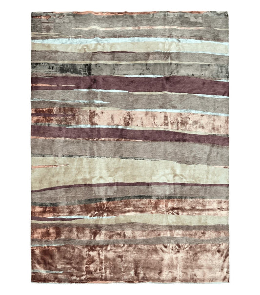 Modern Tibetan Rug 8x11 Nepali Carpet, Shiny Velvely Soft Wool and Silk, Contemporary Hand Knotted Rug, Striped Design, Wool Area Rug 8 x 11