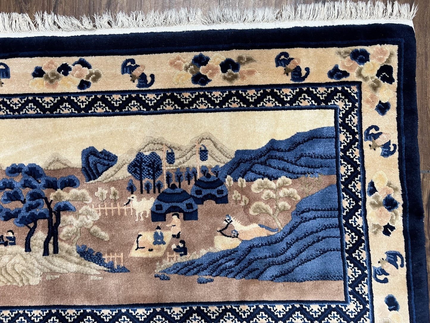 Antique Chinese Pictorial Rug 2.7 x 5, Chinese Village and Hills Carpet, Beige and Dark Blue, Handmade, Horizontal Rug Wall Hanging Tapestry