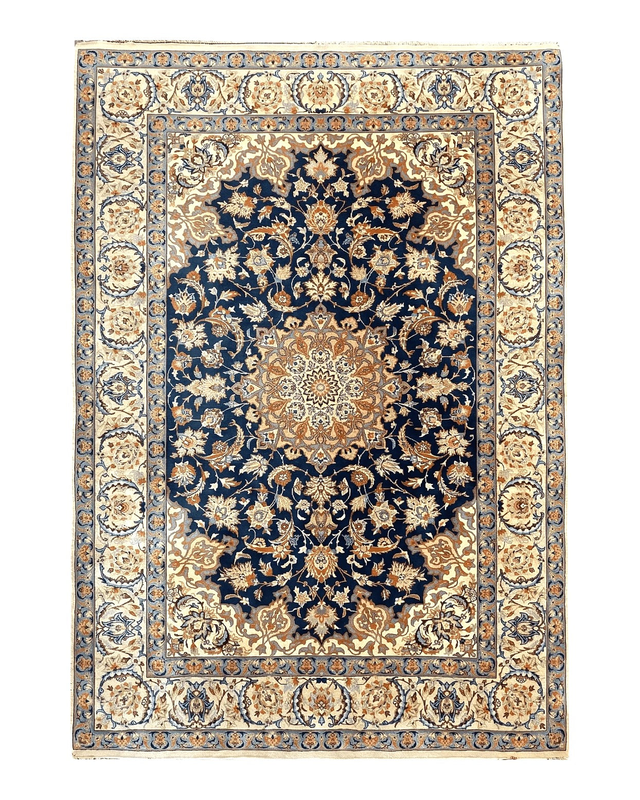 Persian Isfahan Rug 4x5, Navy Blue & Ivory, Wool and Silk Highlights
