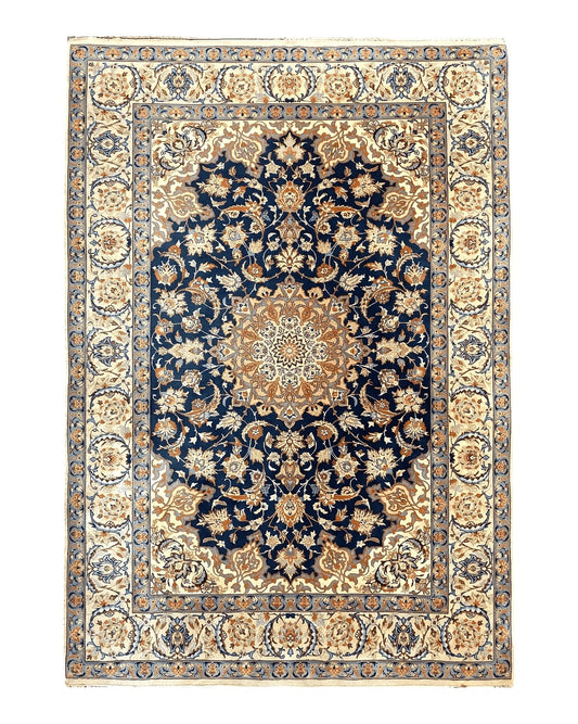 Persian Isfahan Rug 4x5, Navy Blue & Ivory, Wool and Silk Highlights