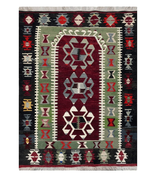 3' 8" X 5' Vintage Turkish Kilim Handmade Flat Weave Wool Rug Veg Dyes