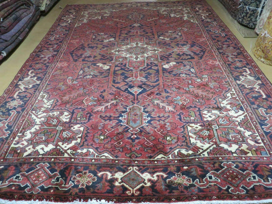 Persian Rug 8x11 Room Sized Heriz Carpet, Hand Knotted Wool Rug, Vintage Semi Antique, Geometric Medallion, Wine Red Cream Dark Blue, Wow