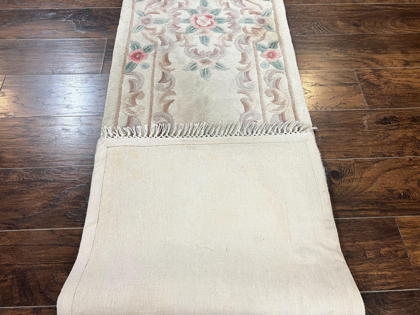 Chinese Aubusson Runner Rug 2.4 x 11, Hand Tufted Beige Floral European Design Hallway Rug, Elegant Rug, Vintage Wool Rug 11ft Long