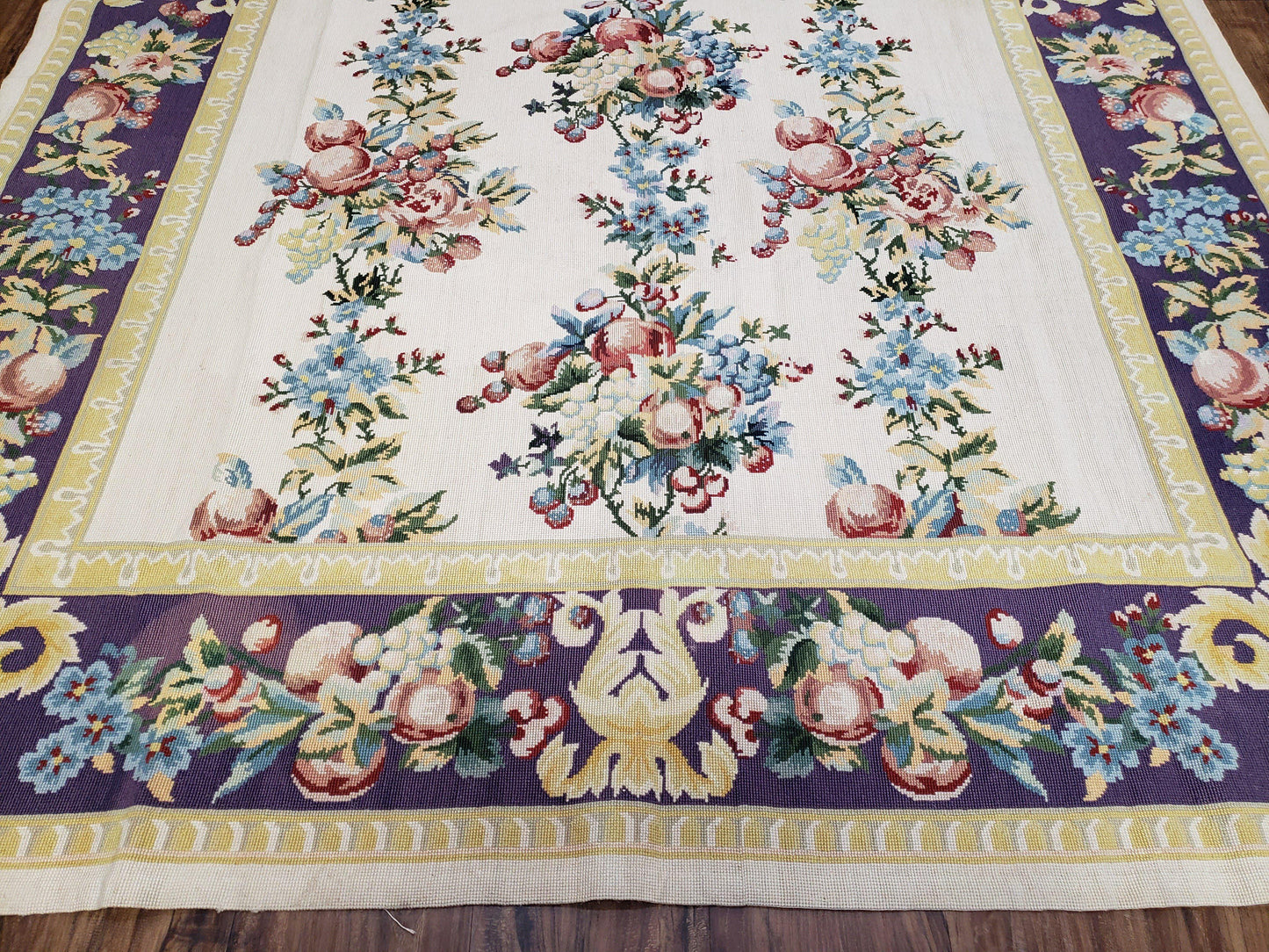 Vintage Chinese Floral Needlepoint Area Rug 6x9, Wool Hand-Woven Handmade Flatweave Rug, Ivory & Purple, Fruits Grapes Apples, Dining Room