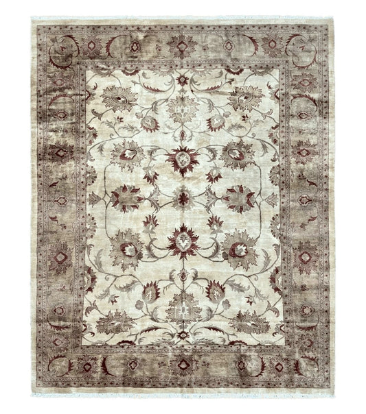 Large Peshawar Rug 11x14, Vintage Beige Chobi Carpet, Allover Floral Design, Hand Knotted, Wool, Room Sized Rug for Living Room Dining Room