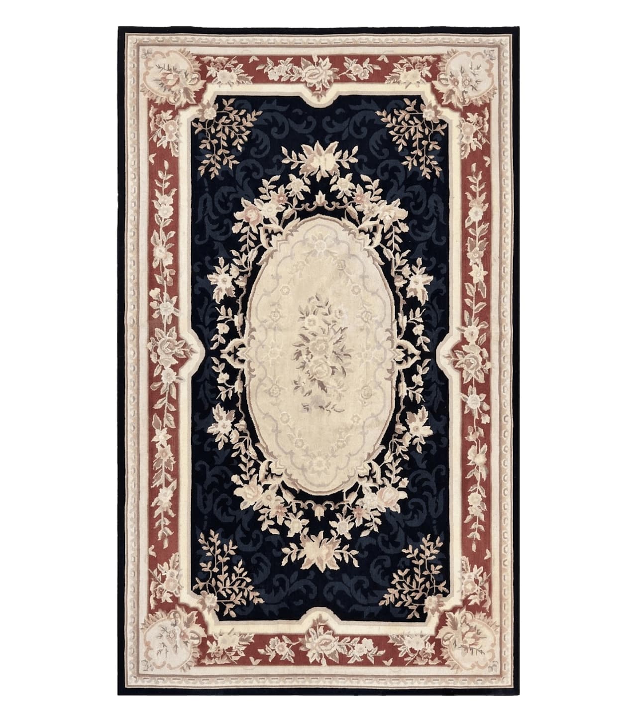 Needlepoint Rug 5x8, Wool Handmade Vintage European Design Carpet, Black & Maroon, French Aubusson Pattern Flatweave Rug