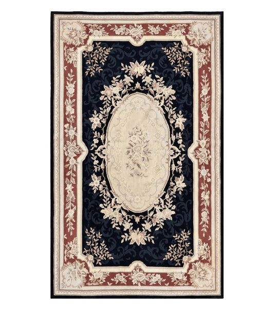 Needlepoint Rug 5x8, Wool Handmade Vintage European Design Carpet, Black & Maroon, French Aubusson Pattern Flatweave Rug