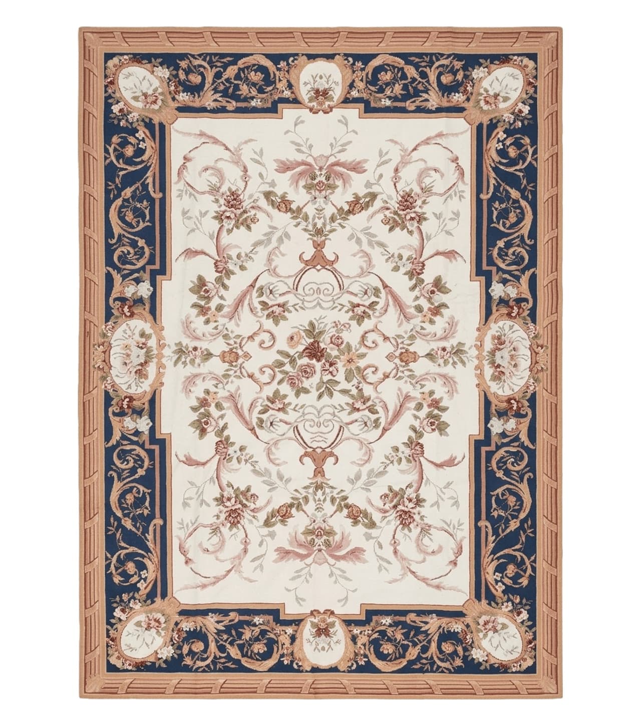 Chinese Aubusson Savonnerie Area Rug 6x8, Vintage Hand-Woven Needlepoint Rug, Flat Weave Handmade Wool Carpet Living Room Ivory & Navy Blue