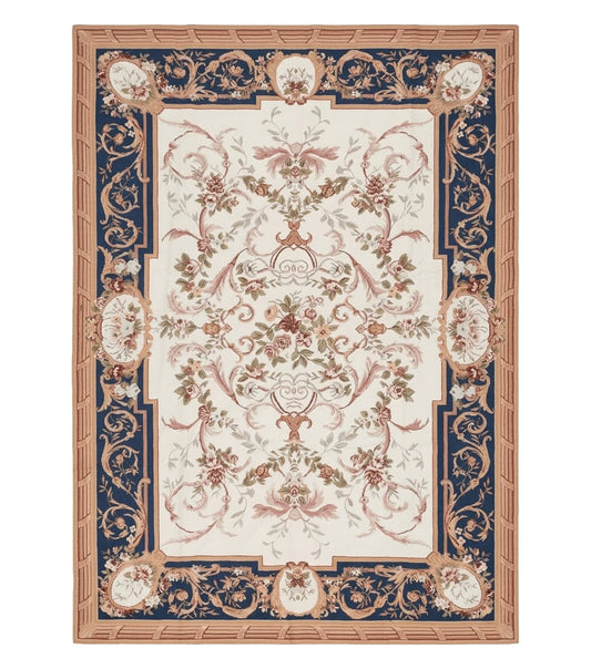 Chinese Aubusson Savonnerie Area Rug 6x8, Vintage Hand-Woven Needlepoint Rug, Flat Weave Handmade Wool Carpet Living Room Ivory & Navy Blue