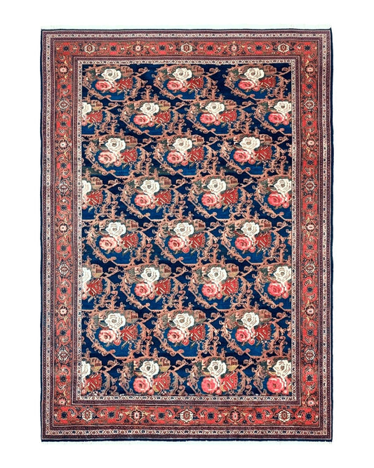 Persian Bidjar Rug 8x11, Floral Bouquets, Blue Black Red Pink, Handmade Hand Knotted Vintage Semi Antique Oriental Carpet