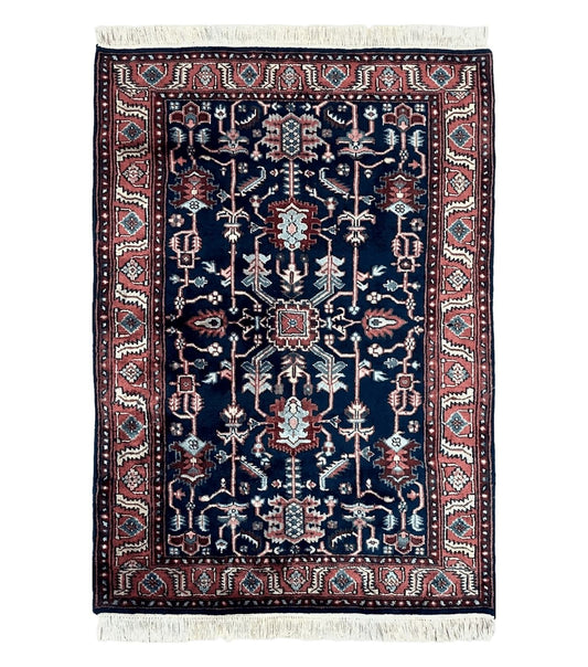 4x6 Vintage Handmade Wool Geometric Rug Organic Dyes Blue Red Hand-Knotted Rug