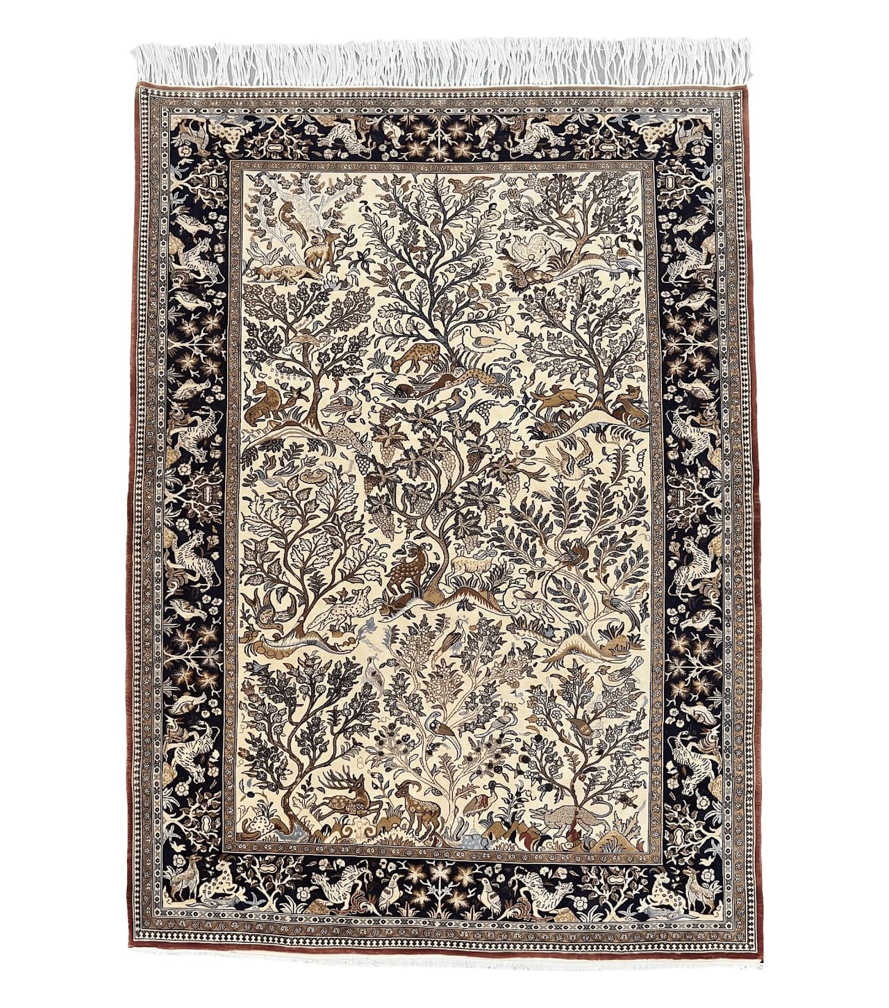 Persian Qum Tree of Life Rug 5x7, Wool and Silk Highlights, Animal Motifs, Vintage Hand Knotted Handmade Cream & Black Fine Oriental Carpet
