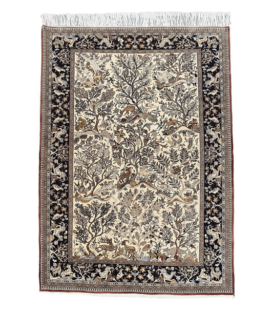 Persian Qum Tree of Life Rug 5x7, Wool and Silk Highlights, Animal Motifs, Vintage Hand Knotted Handmade Cream & Black Fine Oriental Carpet