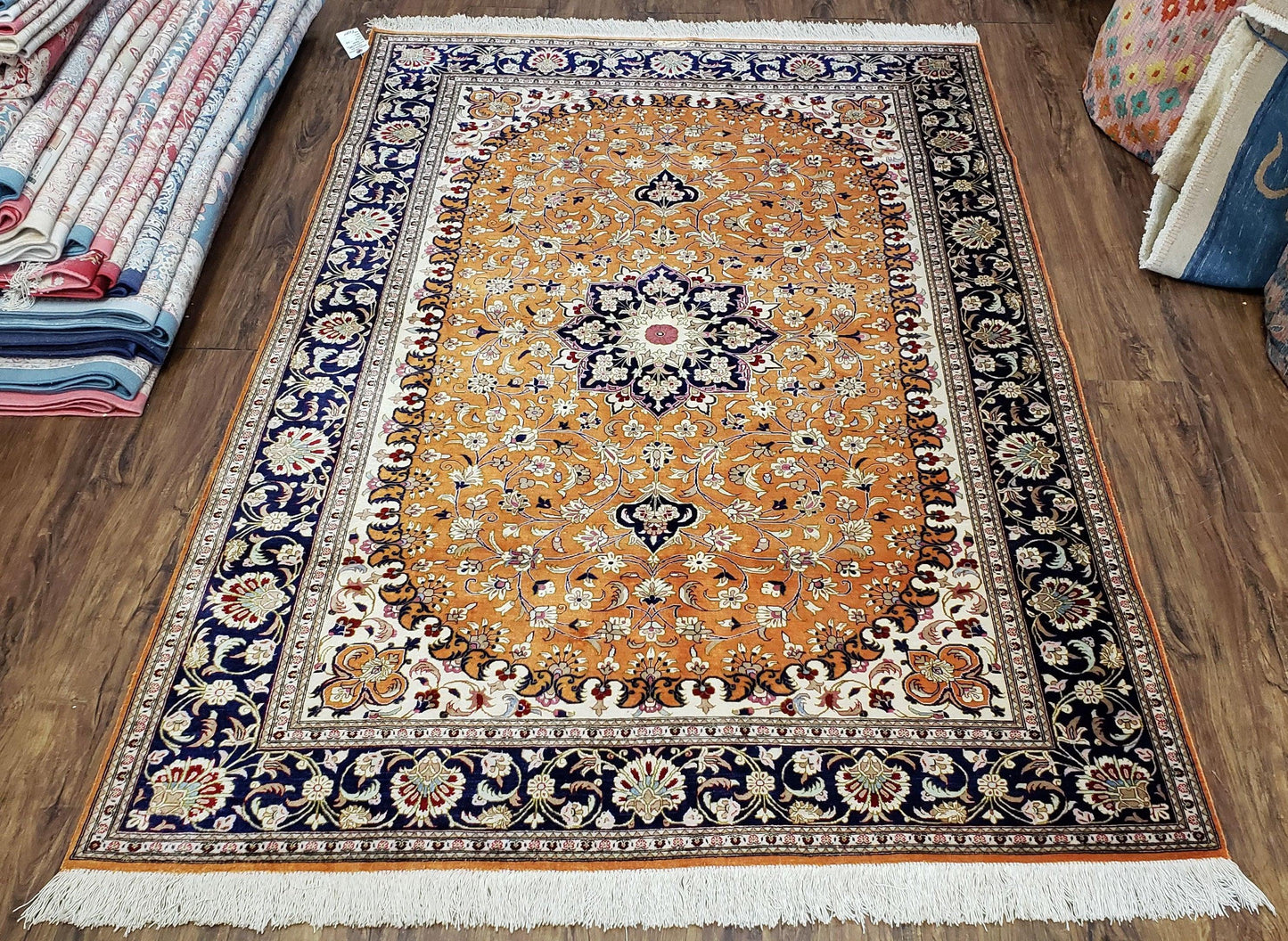Vintage Persian Qum Silk Rug 4.6 x 6.7, Burnt Orange and Navy Blue, Antique Oriental Very Fine Signature Master Weaver 350+ KPSI Ghom Qom 5x7 Rug