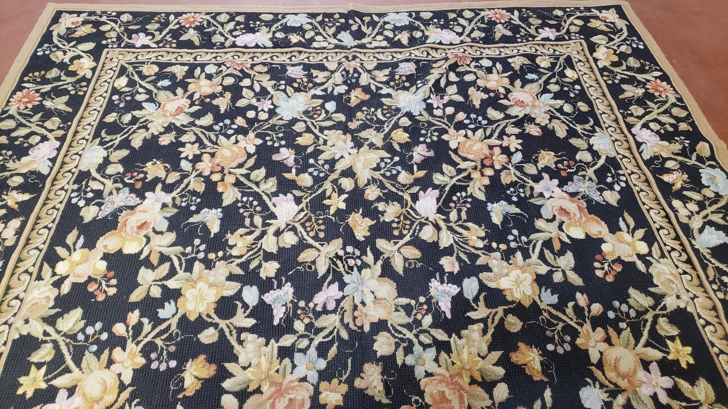 6x9 Vintage Needlepoint Rug, Petitepoint Carpet, Butterflies Floral Design