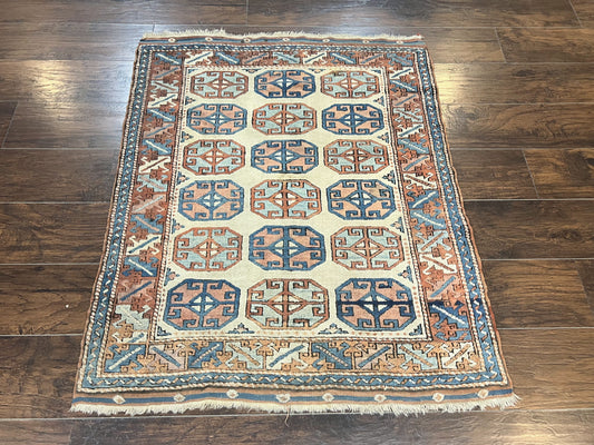 Turkish Kazak Rug 3x4, Wool Hand Knotted Handmade Vintage Carpet, Geometric Tribal Repeated Motif, Small 3 x 4 Antique Rug, Cream Red