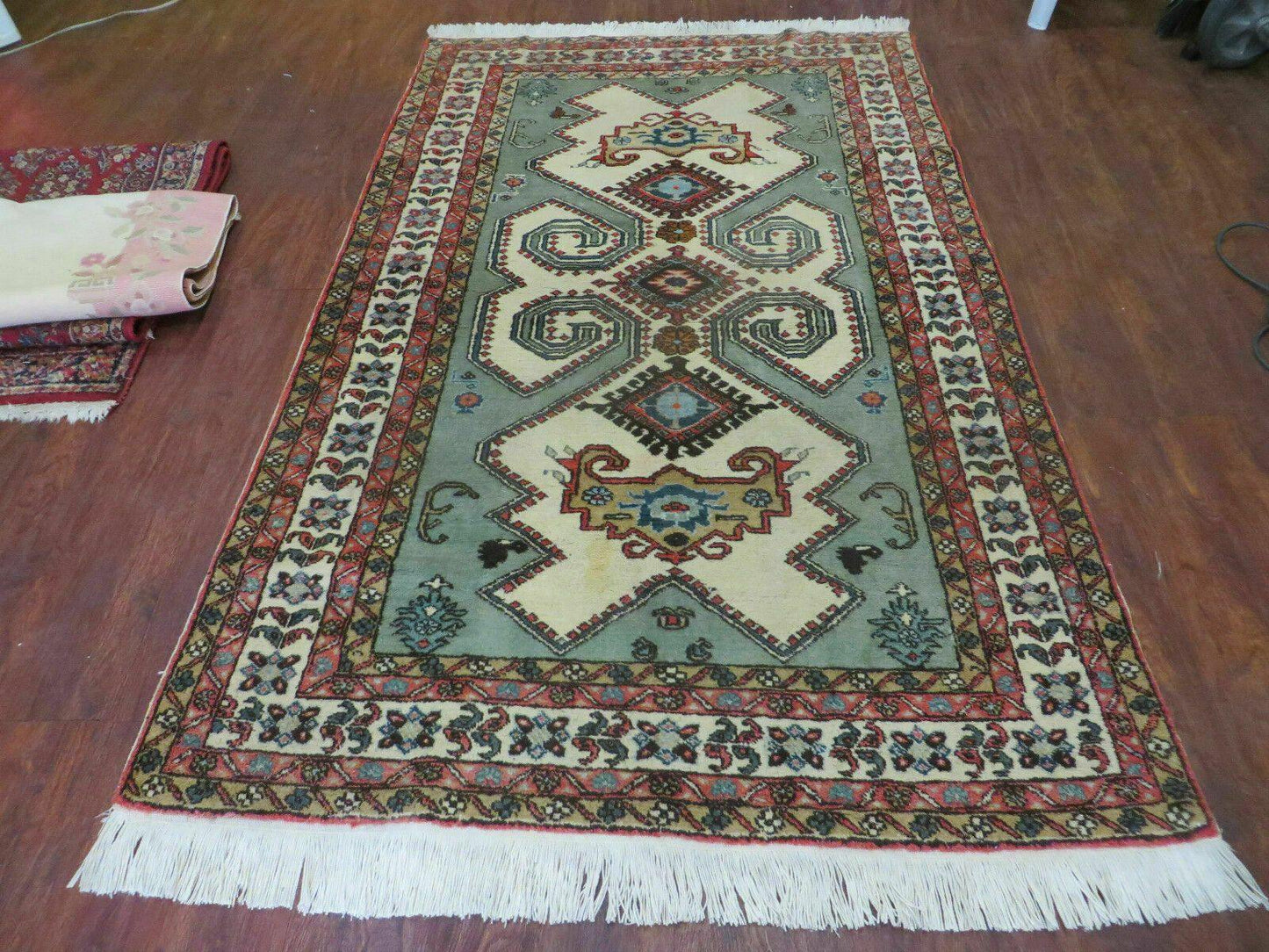 4' X 7' Vintage Handmade Knotted Rug India Caucasian Wool Soft Green Organic