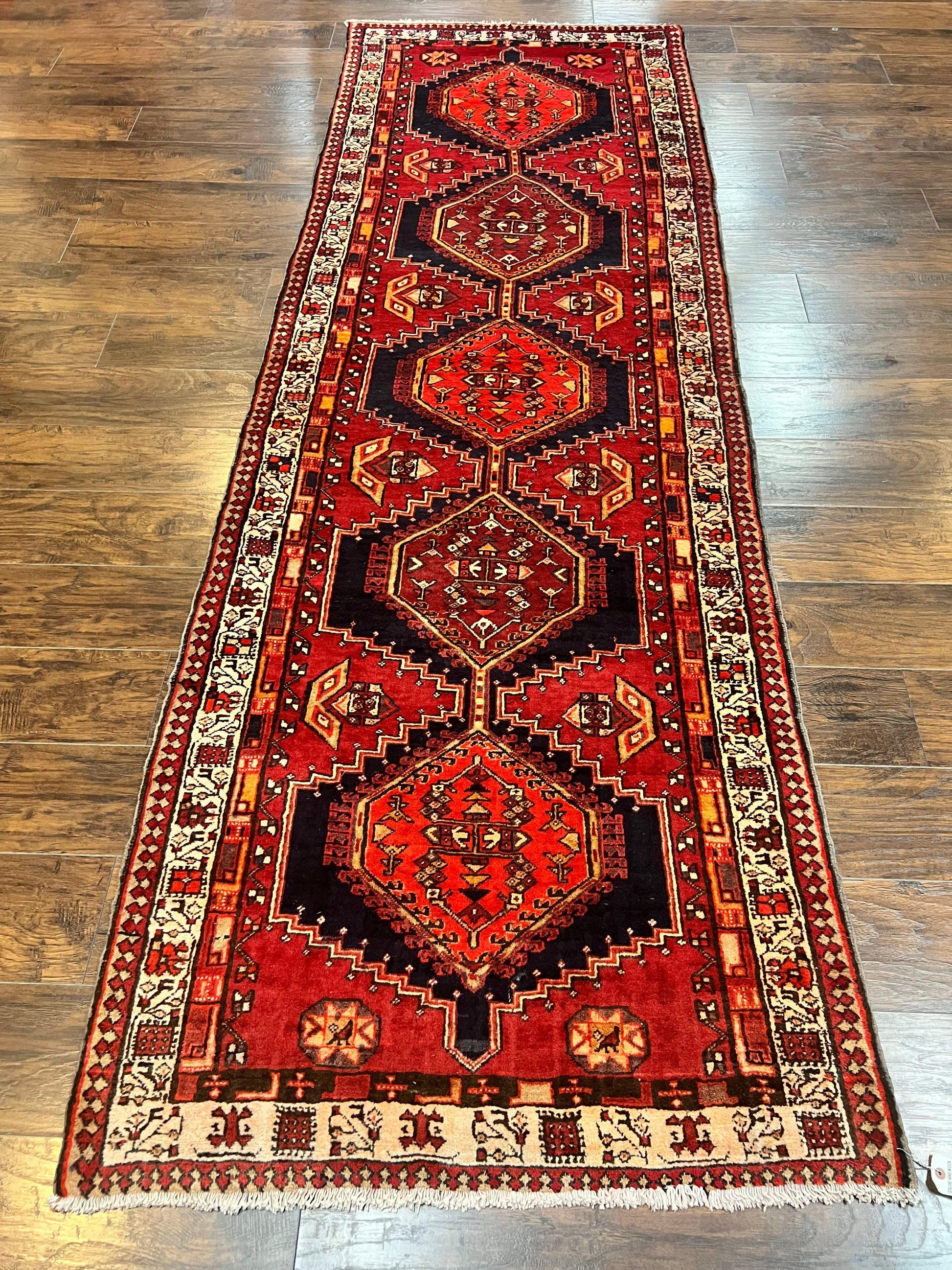 Persian Heriz Runner Rug 3.7 x 11, Persian Tribal Runner, Handmade Wool, Medallions, Geometric, Red, Antique Vintage Hand Knotted Rug