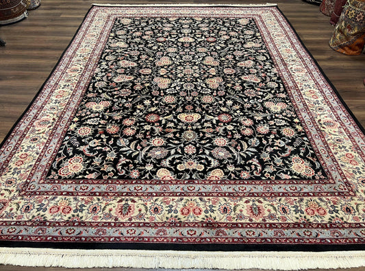 Pak Persian Rug 9x12, Floral Allover, Hand Knotted Oriental Carpet 9 x 12 ft, Black and Cream, Detailed, Wool with Silk Highlights, Vintage