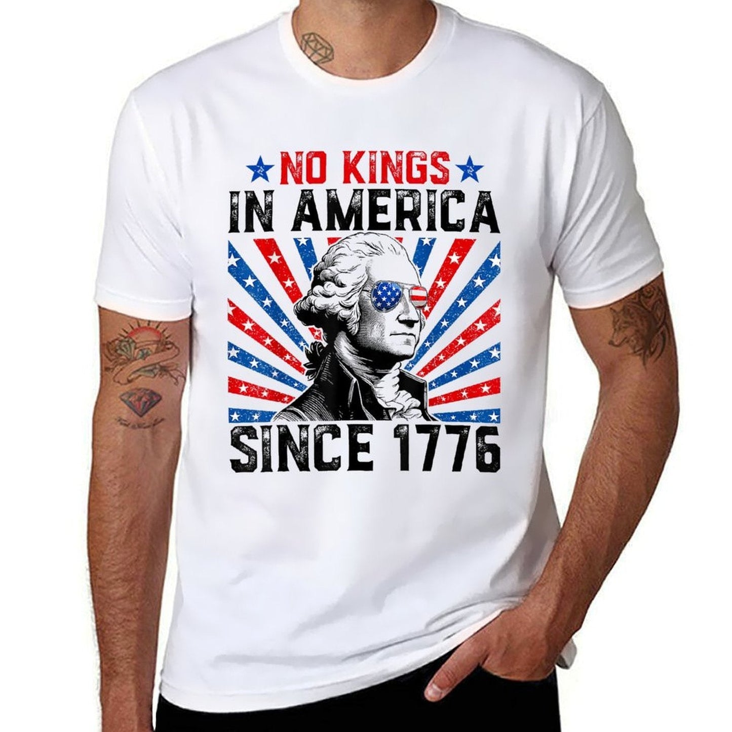 No Kings in America Since 1776 Distressed USA Vintage  Ribbed Collar T-Shirt