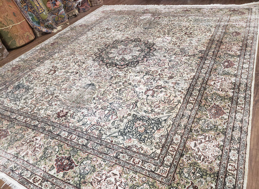 Vintage Indian Room Sized Silk Rug 8x10, Indo Kashmiri Carpet, Hand-Knotted Persian Oriental Carpet, Floral Medallion Allover Pattern, Ivory