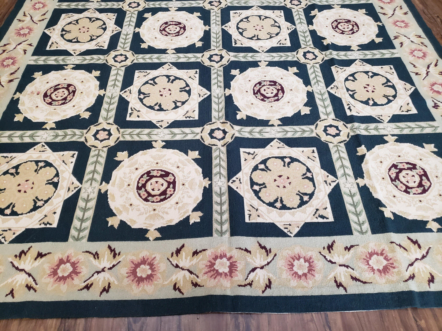 Vintage Chinese Needlepoint Rug 6x9, Panel Design Area Rug Wool Hand-Woven Black & Ivory Carpet Flat Weave Bedroom Rug 6 x 9 Living Room Rug