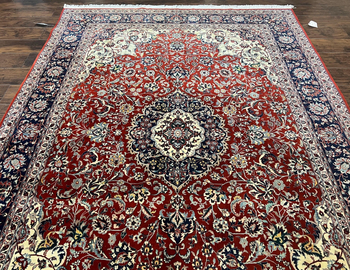 Fine Sino Persian Rug 7x10 ft, Floral Central Medallion Oriental Carpet, Red Navy Blue Cream, Hand Knotted Wool Traditional Vintage Rug