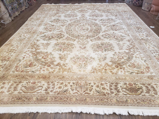 Sino Persian Rug 8x11, Ivory Floral Carpet, Vintage Wool Rug, Elegant Dining Room Rug, Hand Knotted Oriental Rug