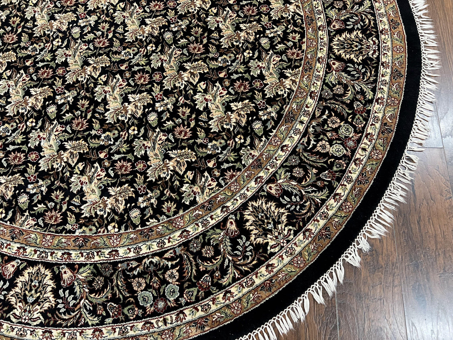Round Oriental Rug 8x8 ft, William Morris Floral Pattern Carpet, 8 x 8 ft Round Rug, Black Cream and Tan 8ft Round Handmade Indo Persian Rug