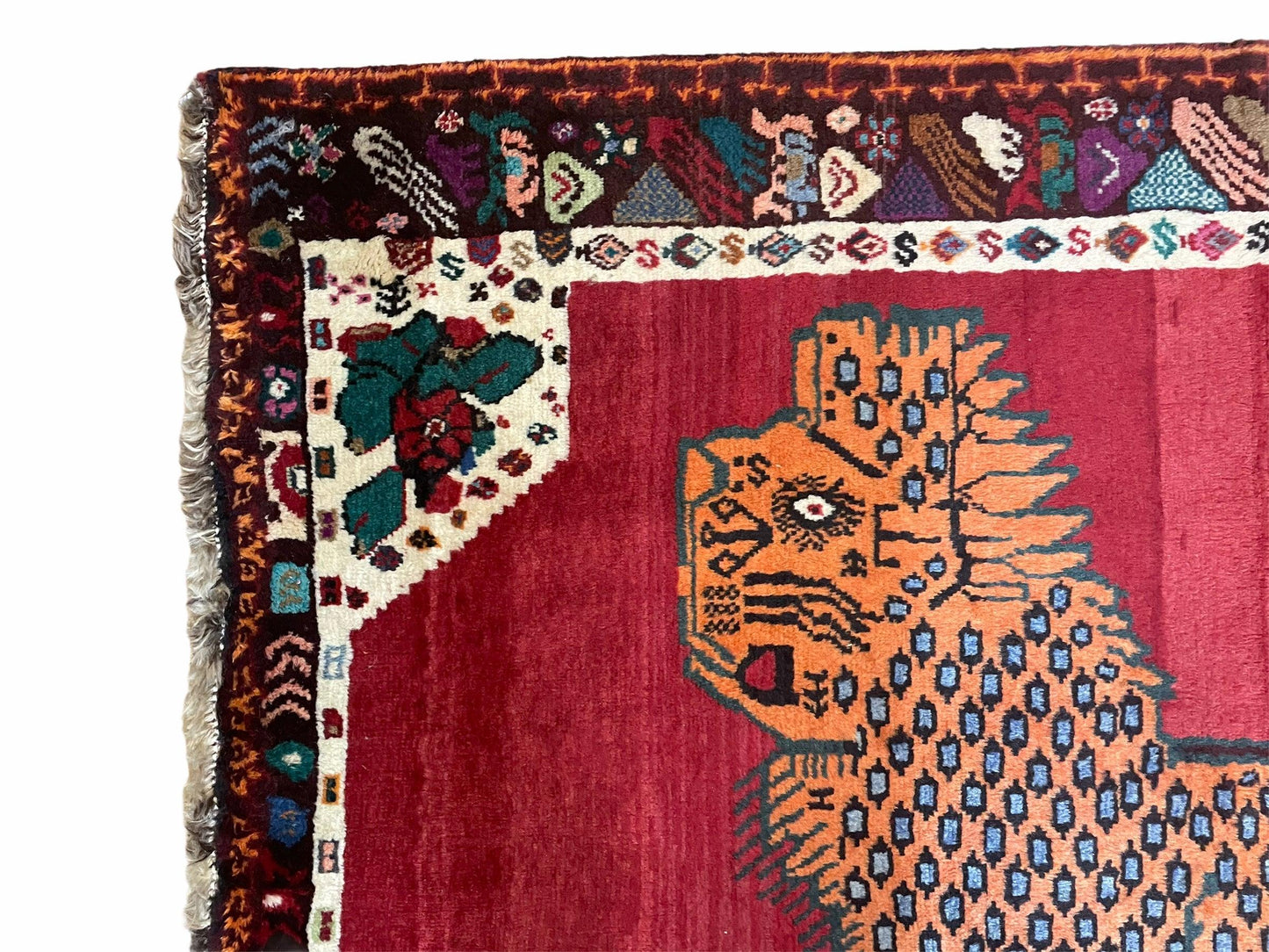 Antique Persian Gabbeh Wool Rug 4x5, Lion Pictorial Rug, Red Orange Black, Hand Knotted Handmade Vintage Gabbeh Carpet 4 x 5 ft, Tribal Rug
