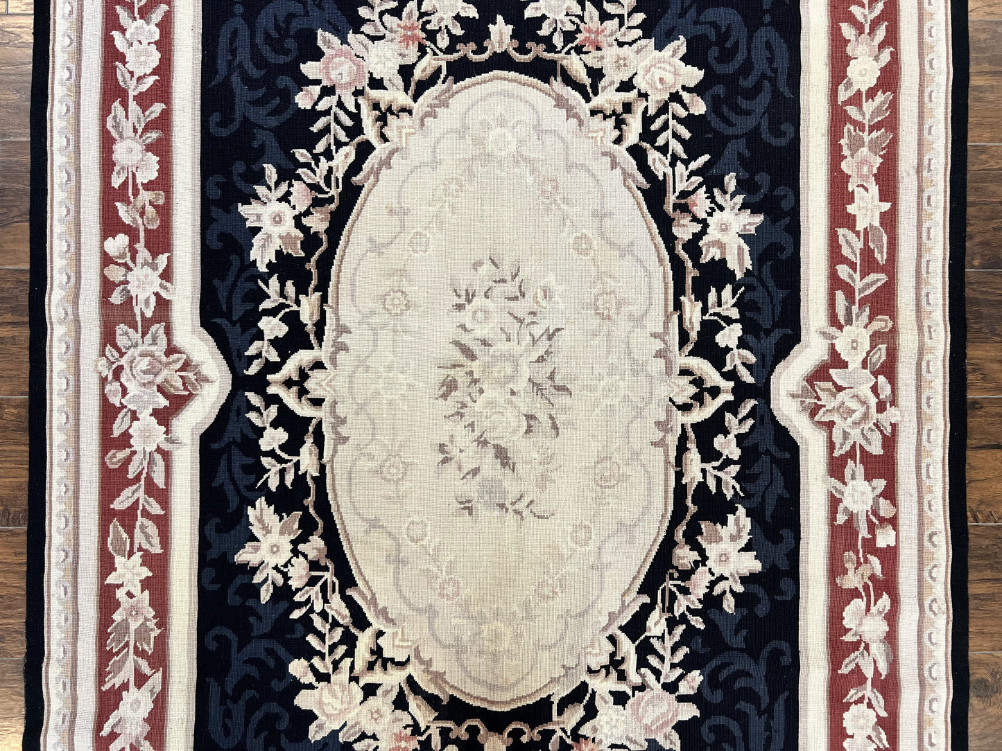Needlepoint Rug 5x8, Wool Handmade Vintage European Design Carpet, Black & Maroon, French Aubusson Pattern Flatweave Rug