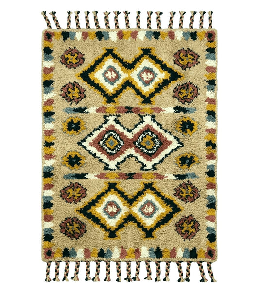 Portuguese Rya Style Shag Rug Moroccan Design, 4x6 Vintage Colorful Geometric Rug, Handmade Wool Gold Tan, Soft Pile Rug