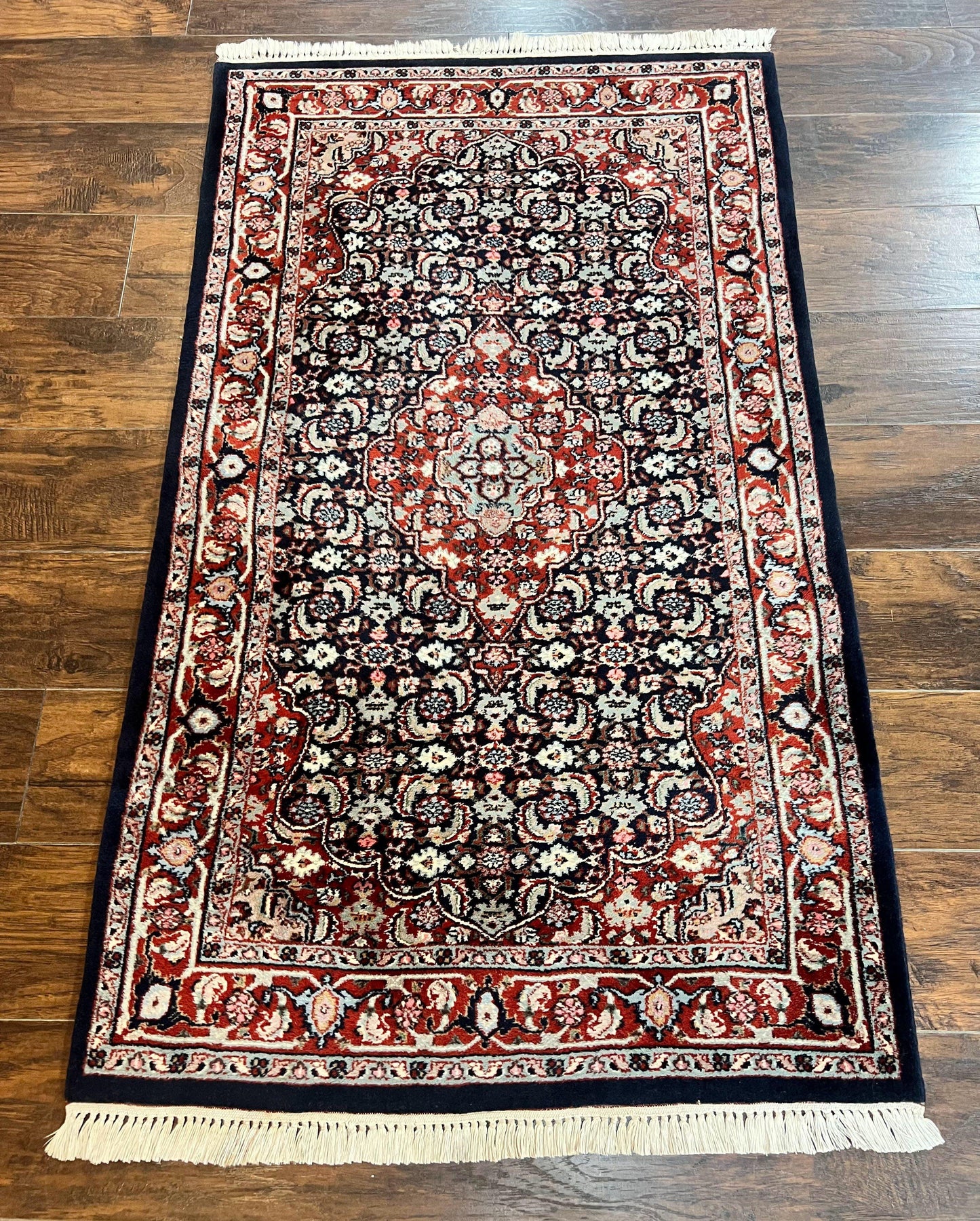 Indo Persian Rug 3x4, Herati Allover Pattern, Midnight Blue and Red, Small Vintage Handmade Wool Rug
