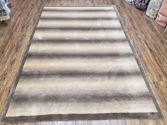 Vintage Safavieh Tibetan Indian Rug 6x9, Nepal Rug, Handmade, Striped Rug, Brown & Beige, 6x9 Oriental Carpet, Wool, Soft