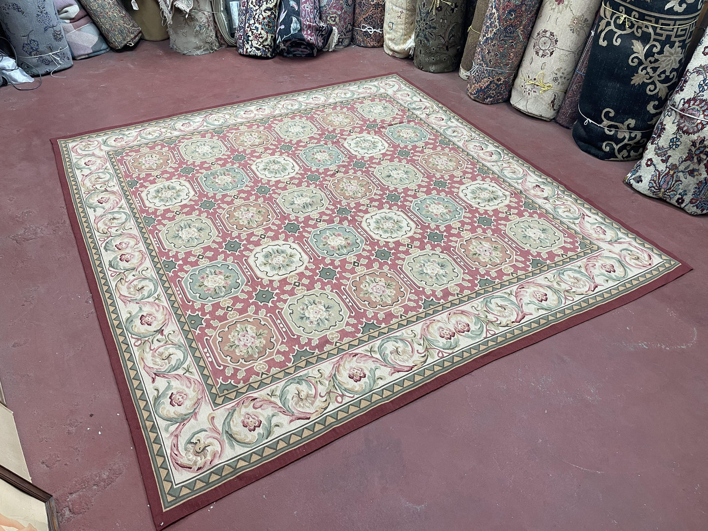 Square Aubusson Rug 9x9, Panel Design, European French English Carpet, Wool