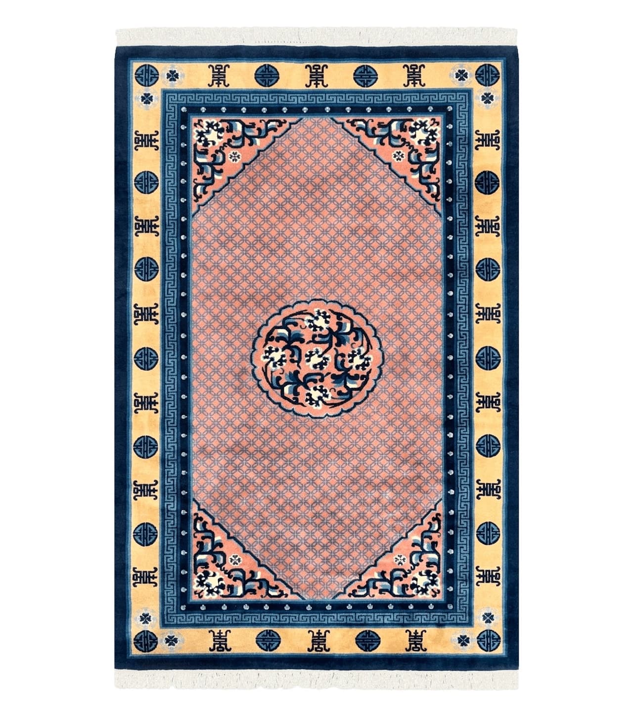 Chinese Peking Rug 5x8, Vintage Semi Antique Chinese Art Deco Carpet, Wool Pile Light Red/Salmon Gold Navy Blue, Handmade Asian Oriental Rug
