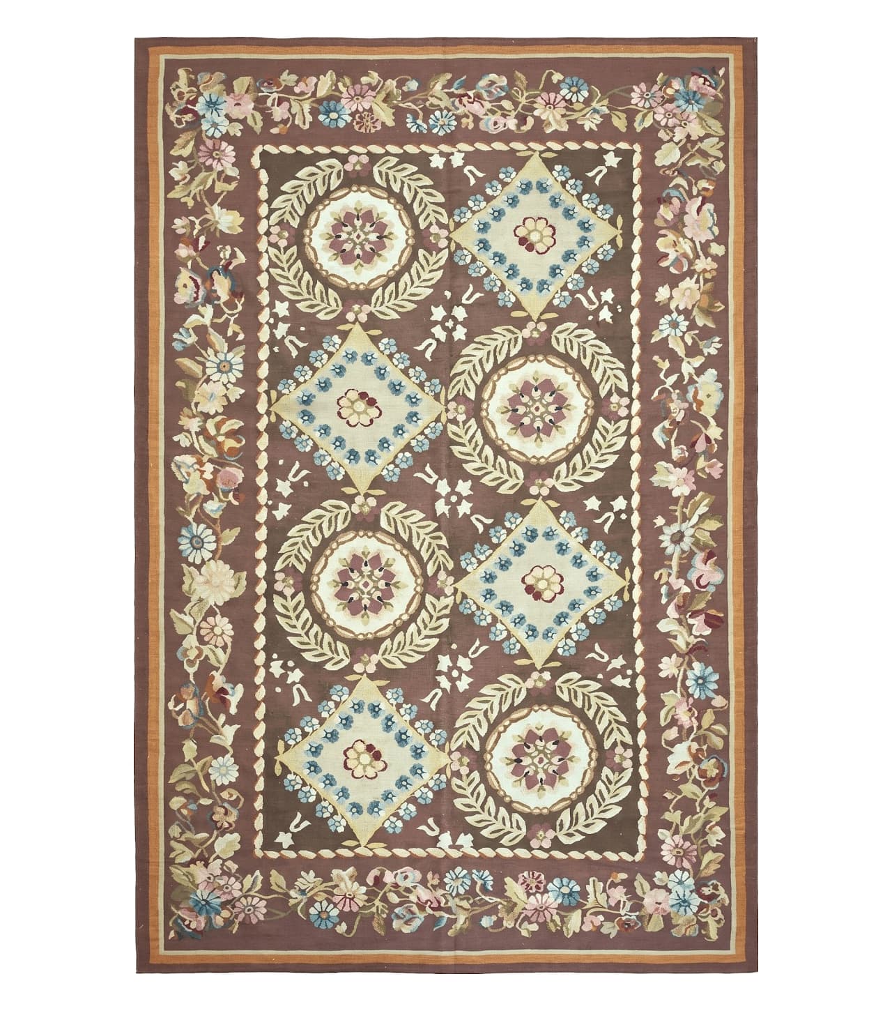 Aubusson Rug 6 x 9 Flat Weave Area Carpet European Design Flowers New Brown Rug Handmade Wool Hand-Knotted Aubusson Weave Medium Rug 6x9
