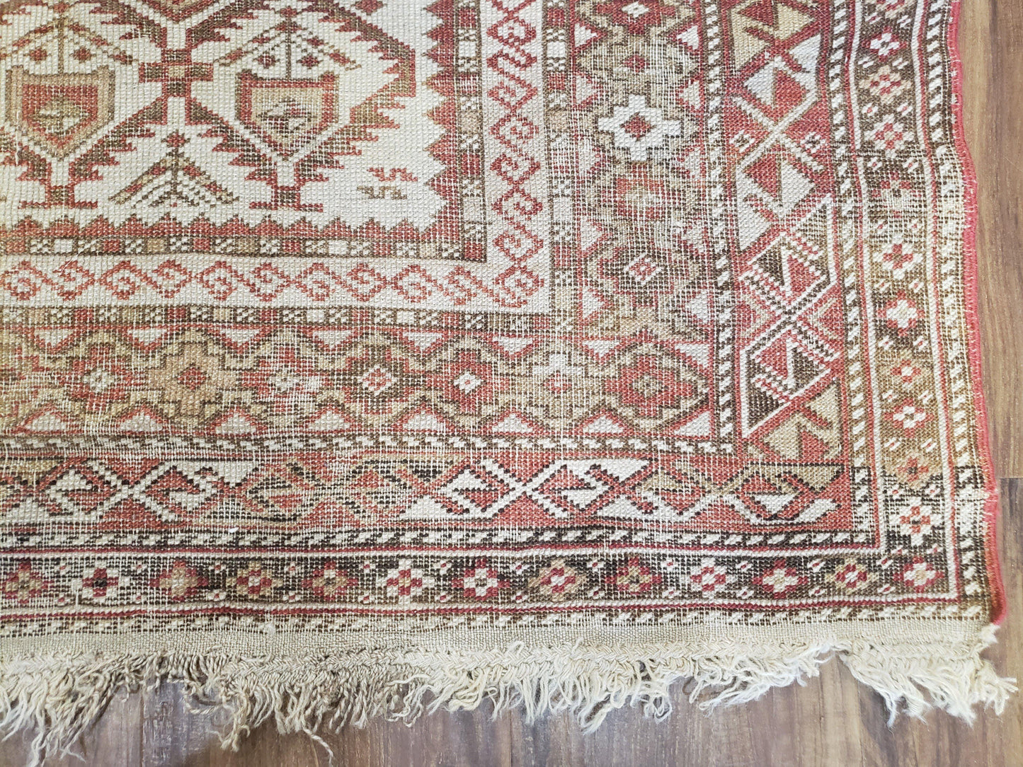Antique Caucasian Shirvan Rug 4x6, Dagestan Area Rug, Wool Hand-Knotted Soft Red & Ivory 1920s Oriental Carpet, Soft Muted Colors