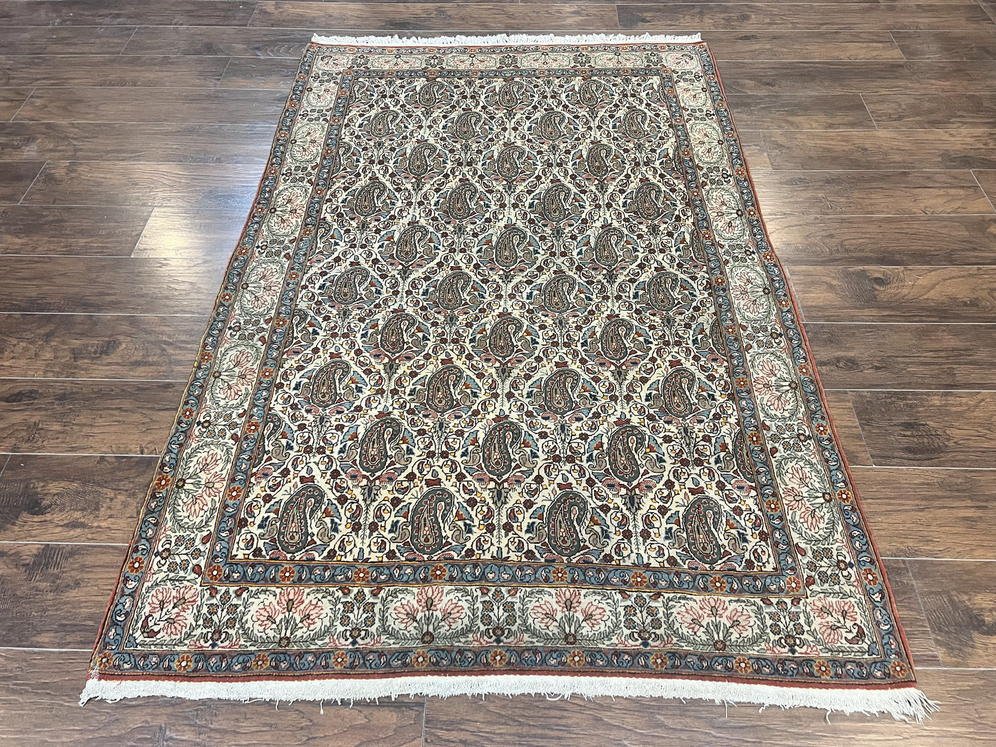 Persian Qum Rug 5x6, Cream Wool Hand Knotted Carpet, Repeated Boteh Paisely Design, Semi Antique Vintage Rug, Very Fine Weave 5 x 6 Rug