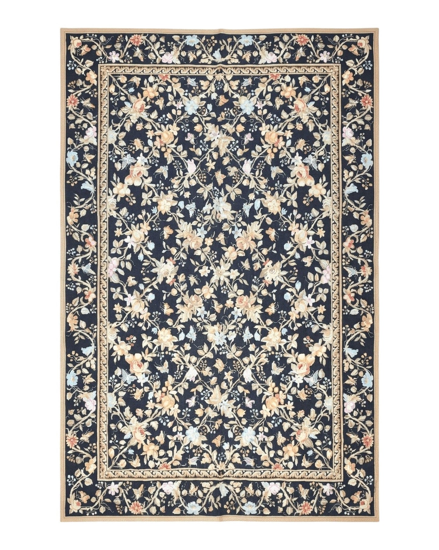 6x9 Vintage Needlepoint Rug, Petitepoint Carpet, Butterflies Floral Design