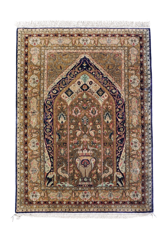 Semi Antique Persian Qum Silk Prayer Rug, Silk, Hand-Knotted, 3'6" x 5'