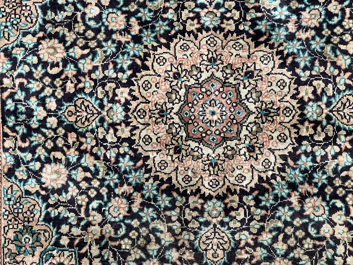 Sino Persian Silk Rug 2x2 ft, Very Fine High KPSI Small Silk Oriental Carpet, Hand-Knotted, Medallion, Vintage Silk Rug, Black Ivory/Cream