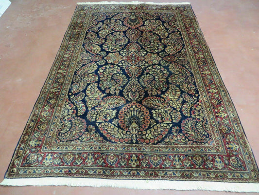 Antique Persian Sarouk Rug 4x6, Hand Knotted 1920s Oriental Carpet 4 x 6 ft, Navy Blue and Red Wool Rug, Handmade Floral Allover Persian Area Rug