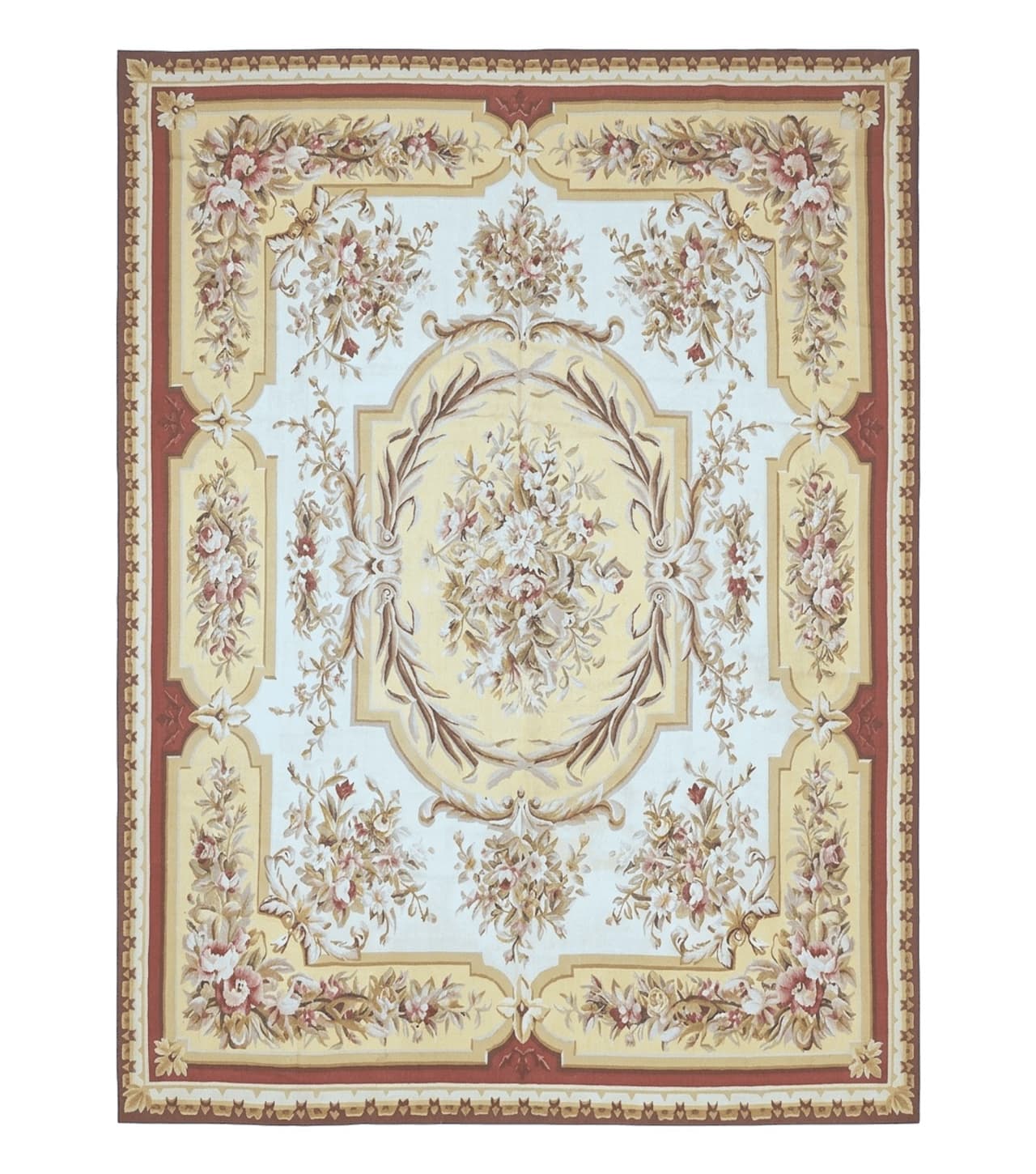 Aubusson Rug 9x12, Elegant Flatweave Savonnerie Carpet 9 x 12 ft, Ivory Light Yellow Red, Handmade Wool Flatweave French European Rug